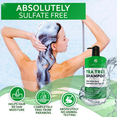 Bellisso Tea Tree Shampoo applied to scalp shows cleansing action against buildup.