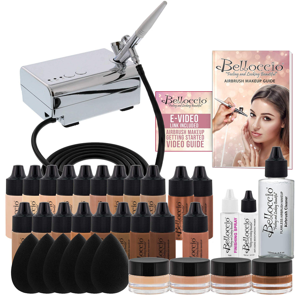 Belloccio airbrush makeup system with 17 foundation shades for precise color matching.