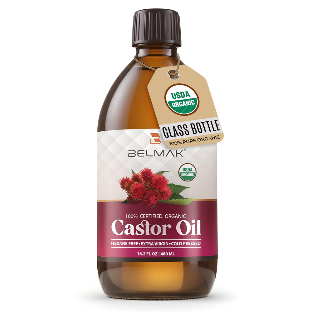 BELMAK Castor Oil in amber glass bottle for storage and purity
