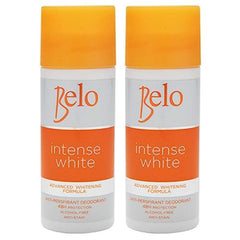 Belo Essentials Intense White deodorant packaging front view highlighting dual whitening action.