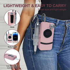 Belovedone compact nail drill with belt clip for hands-free portability.