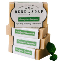 Bend Soap Company goat milk soap bar close-up highlighting natural ingredients for nourishing skin.