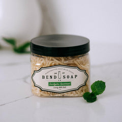 Bend Soap Company Eucalyptus Spearmint Milk Bath bottle pour shows calming aroma and gentle cleanse.