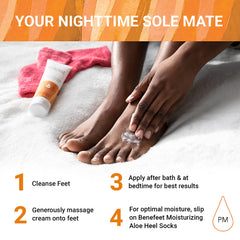 Benefeet foot care routine scene with nightly application before bed