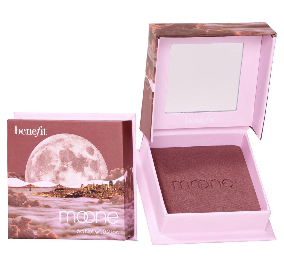Benefit Wanderful World Moone blush compact open shows silky powder for effortless flush.