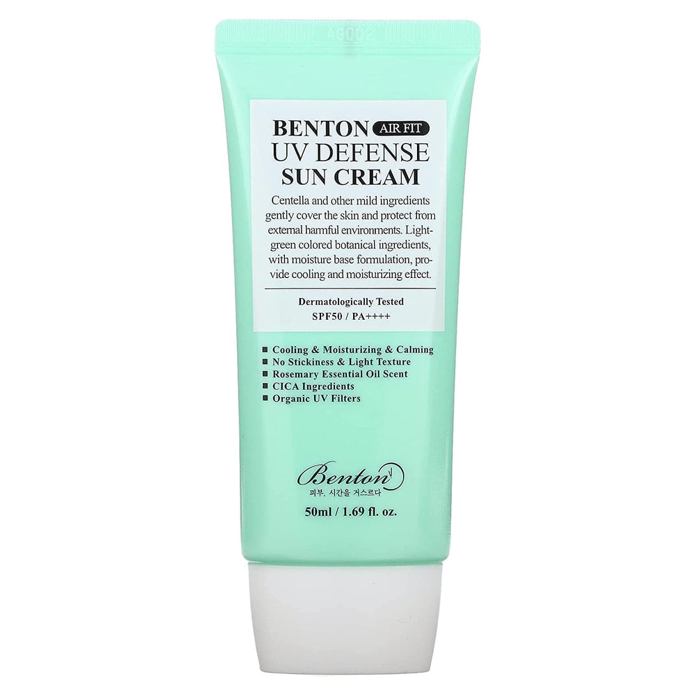 Benton Air Fit UV Defense Sun Cream bottle on a clean surface for daily UV protection.
