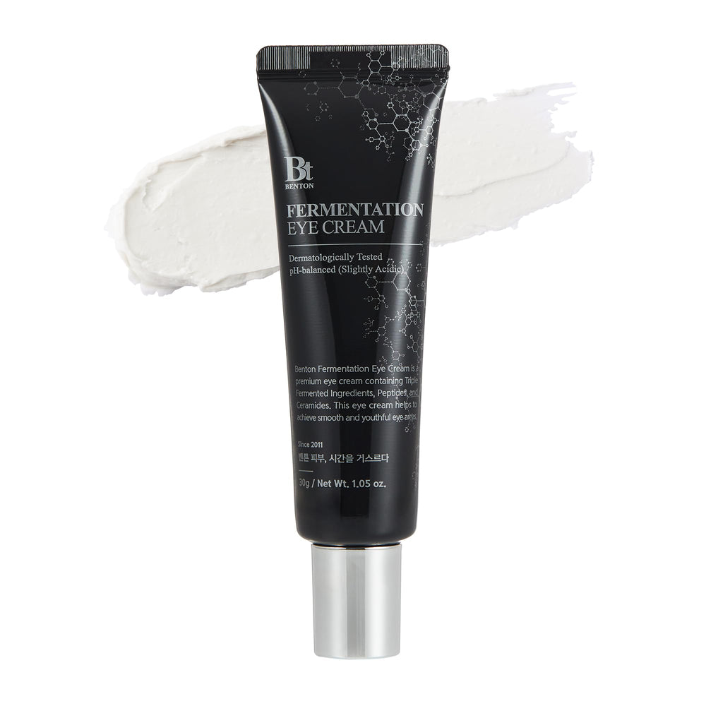 BENTON Fermentation Eye Cream New Version bottle close-up for hydrated eye care.