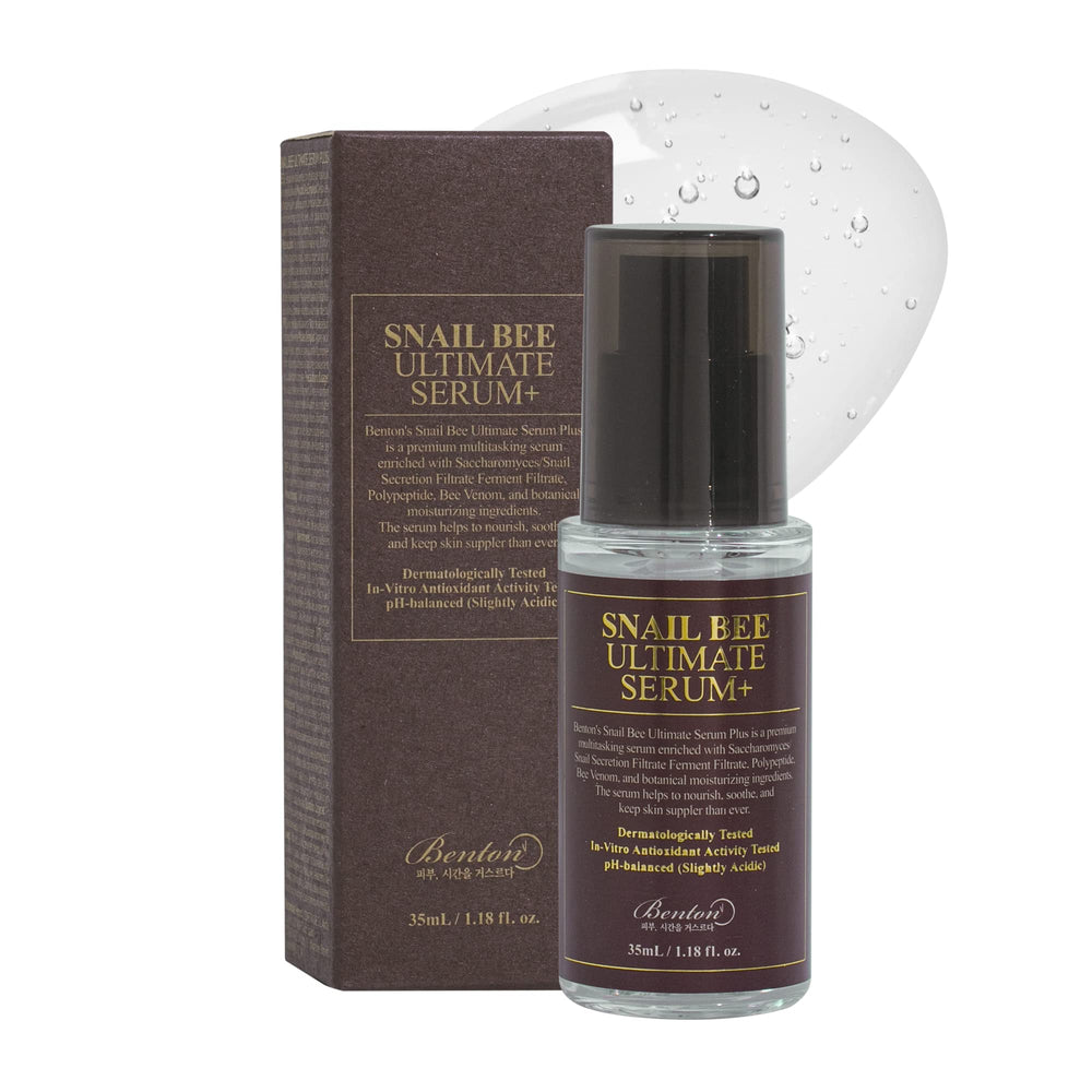 BENTON Snail Bee Ultimate Serum bottle close-up showing clean packaging and premium skincare benefits