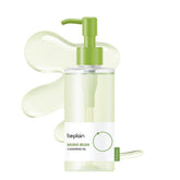 Beplain Mung Bean Cleansing Oil bottle pour for gentle makeup removal.