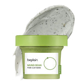 Beplain mung bean pore clay mask jar closeup promoting deep cleansing.