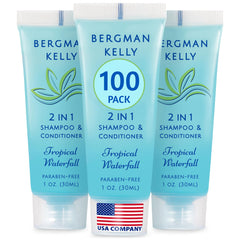 Bergman Kelly travel-size 2-in-1 shampoo and conditioner bottle with tropical waterfall aroma for guests.