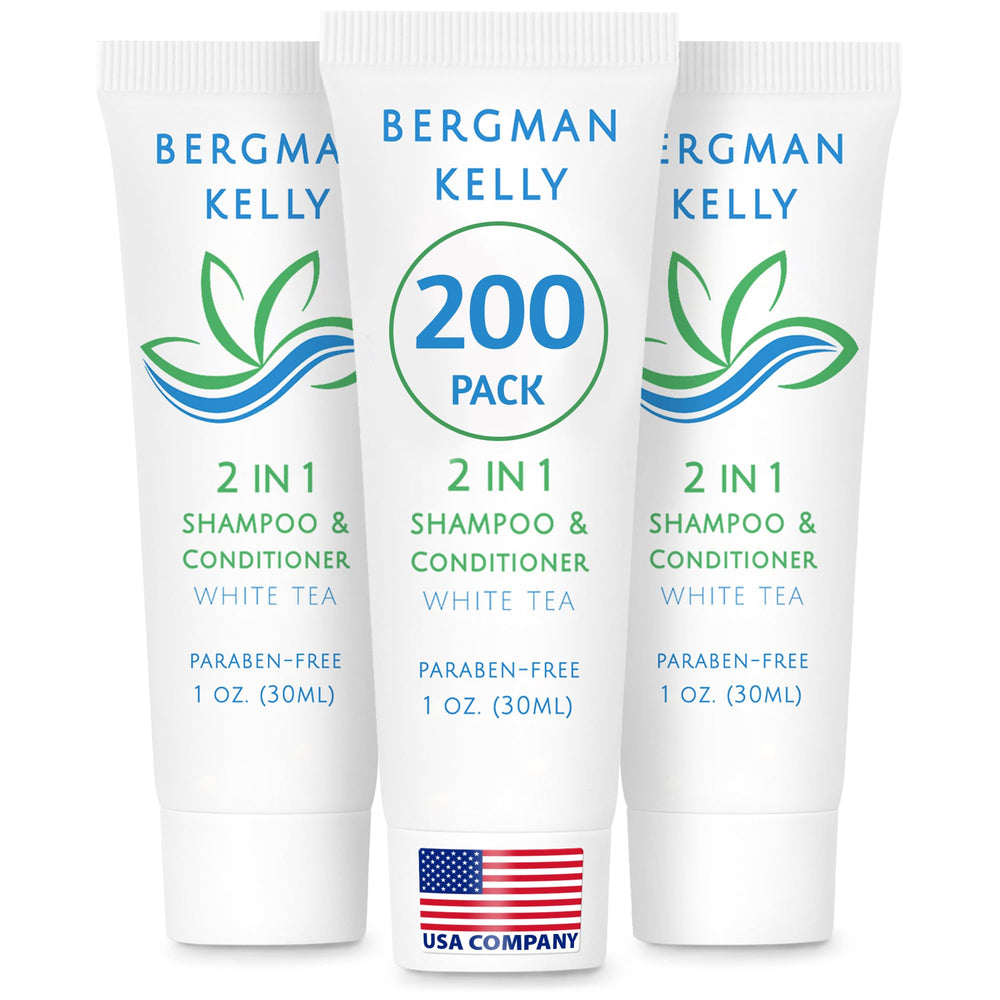 BERGMAN KELLY travel-size 2in1 bottle with white tea scent in guest bathroom