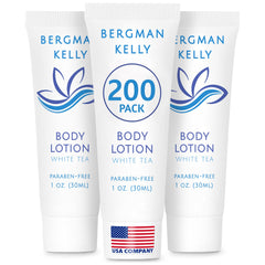 BERGMAN KELLY travel-size lotion 1oz with foil seal for leak-proof hotel guest care.
