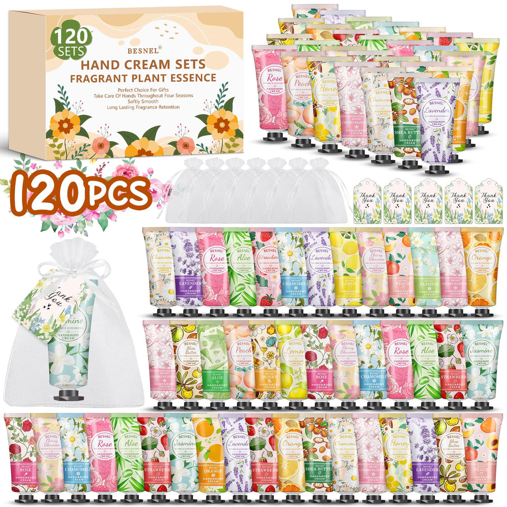 Besnel 120-pack hand cream gift set displaying assorted fragrances for daily variety.