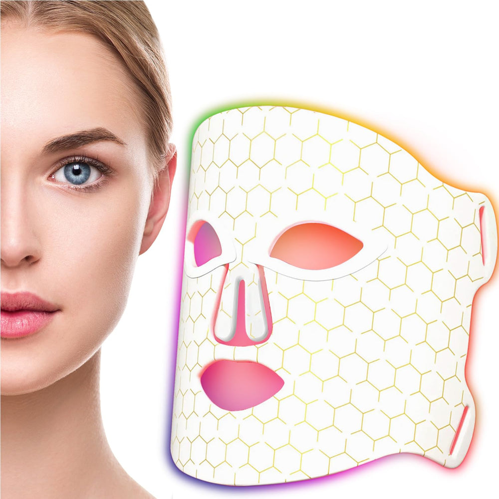 Betgod LED red-light mask on the face for at-home skin rejuvenation.