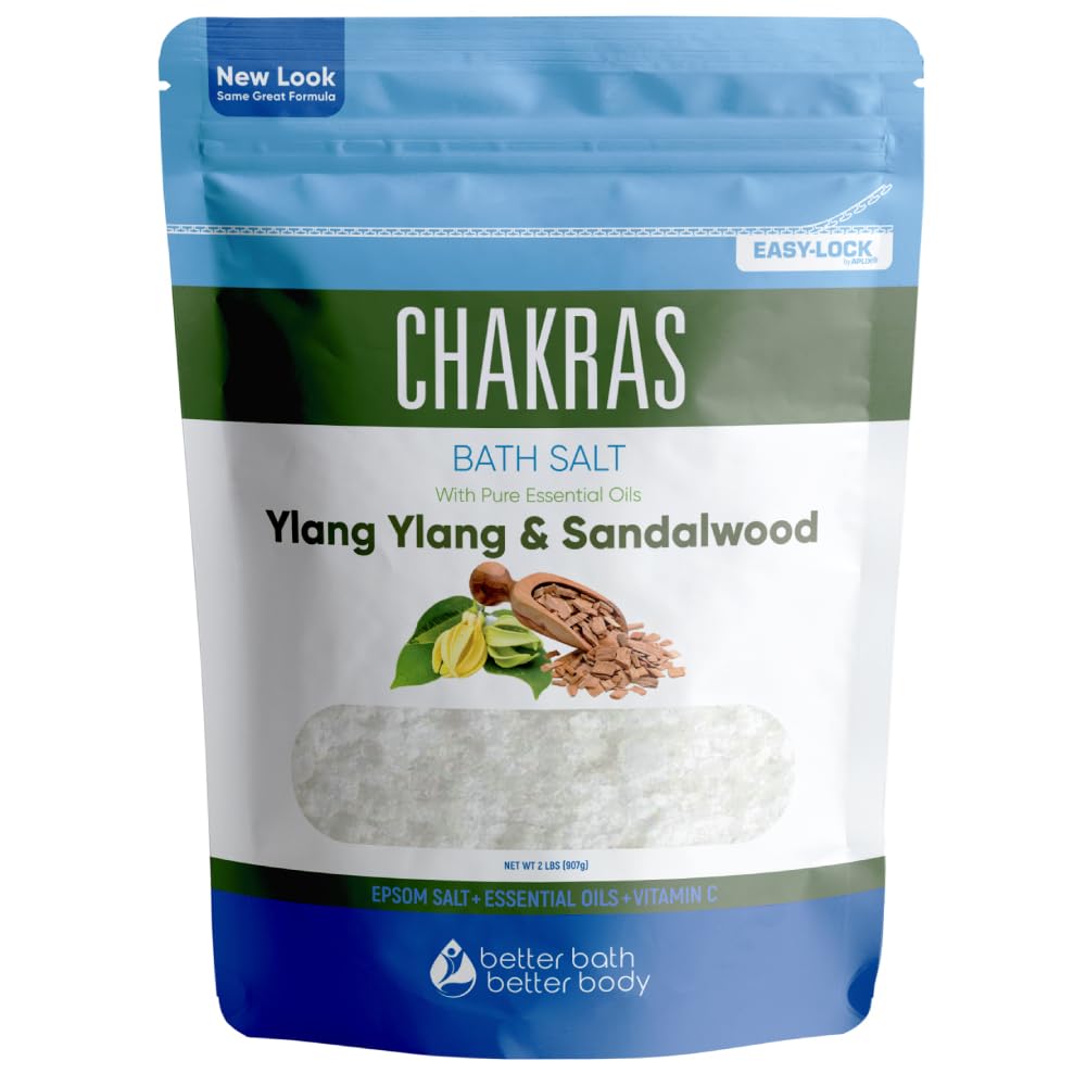 Better Bath Better Body chakras bath salt package showcases natural ingredients for a calming soak.