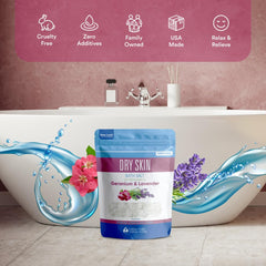 Close-up of lavender and geranium essential oils in Better Bath Better Body blend.