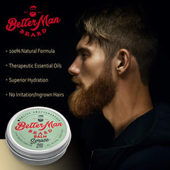 BETTER MAN BEARD Spruce Balm highlights spruce oil and natural formula for facial hair.