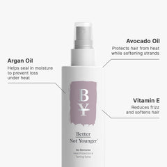 Better Not Younger Heat Protectant spray shields hair during styling
