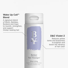 Application on scalp with Better Not Younger Silver Lining Shampoo for smoother, shinier hair