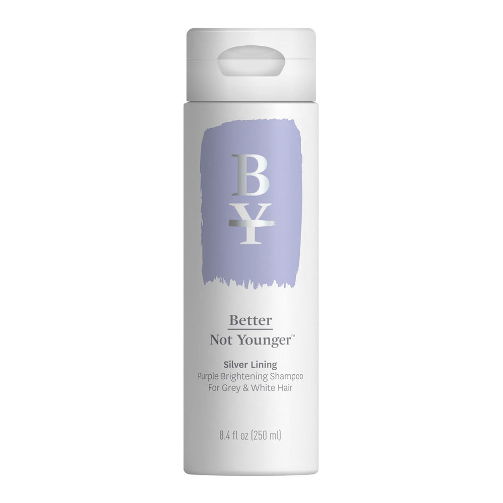 Better Not Younger Silver Lining Shampoo bottle showcasing brightening and toning for silver hair