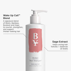 Better Not Younger Wake Up Call High Hold Spray applied to styled hair for lift