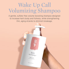 Wake Up Call shampoo lather shown on hand with rich foam.