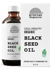 Better Place Organics Black Seed Oil bottle pour for skin and hair care.
