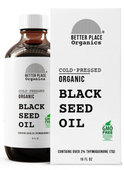 Better Place Organics Black Seed Oil bottle pour for skin and hair care.