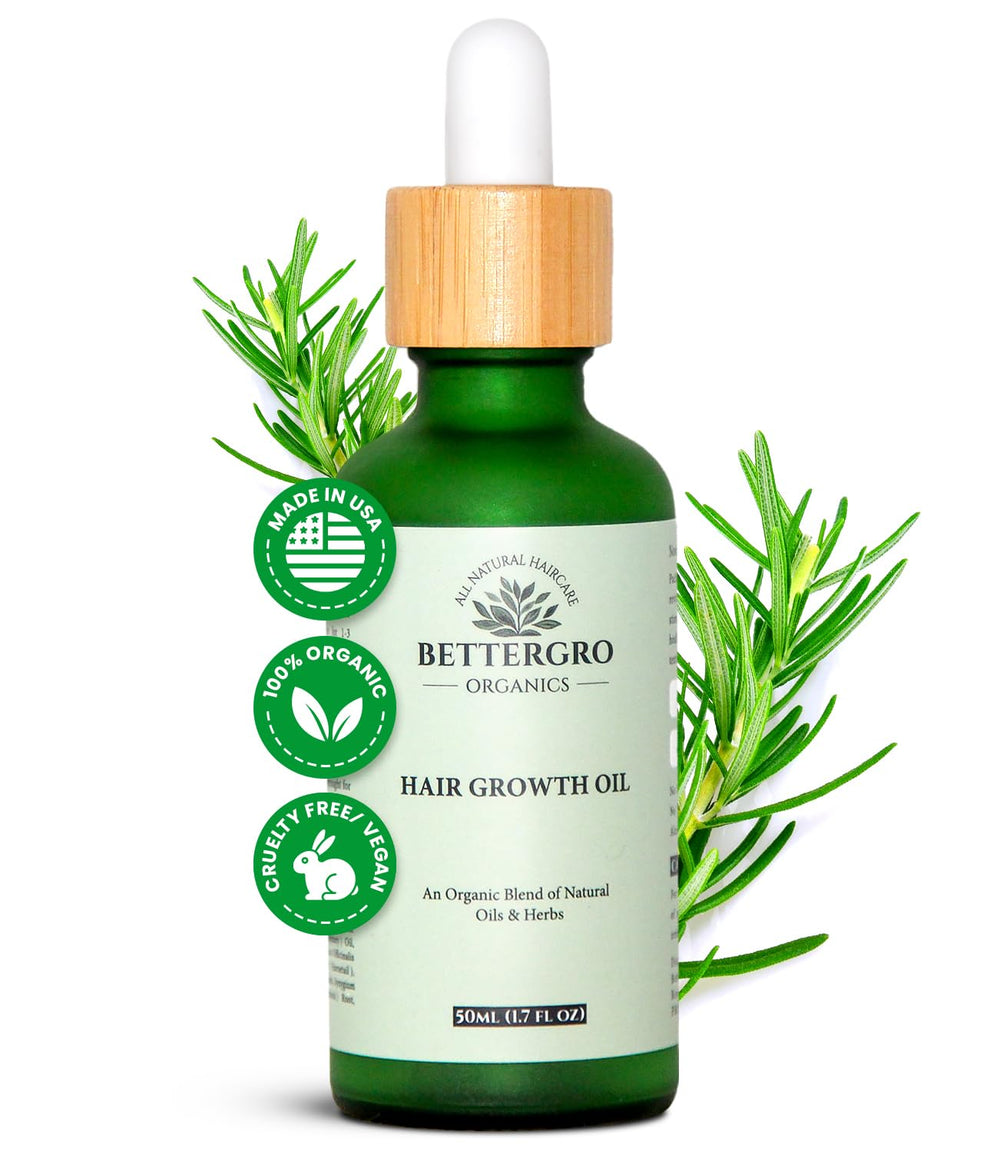 BetterGRO Organic Hair Growth Oil bottle with pour spout for easy scalp nourishment.