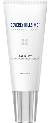 Be Beverly Hills MD Rapid-Lift Neck Serum bottle on a clean surface for a firmer-looking neck.