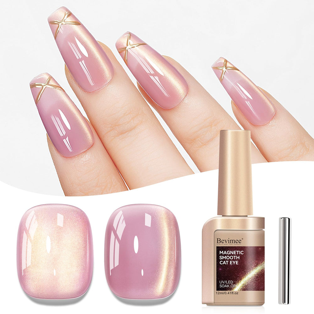 Bevimee Cat Eye Gel Polish bottle with sheer pink glass finish for salon-like nails.