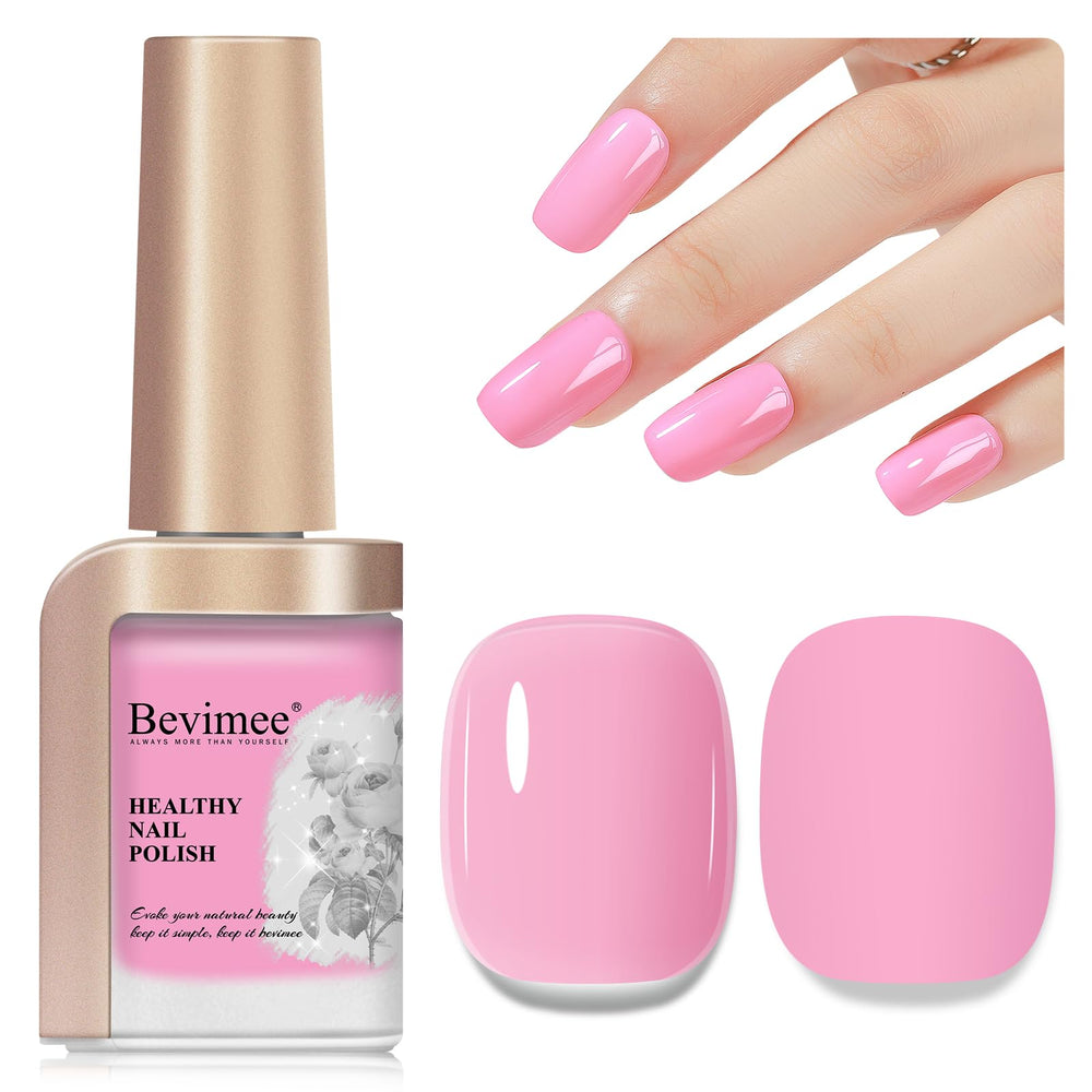 Bevimee light pink nail polish bottle; quick-dry formula for busy mornings.