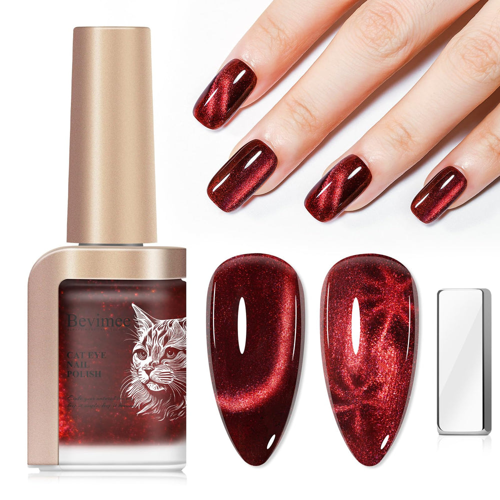Bevimee Red Cat Eye Nail Polish bottle displays vivid color and shimmer for at-home manicures.