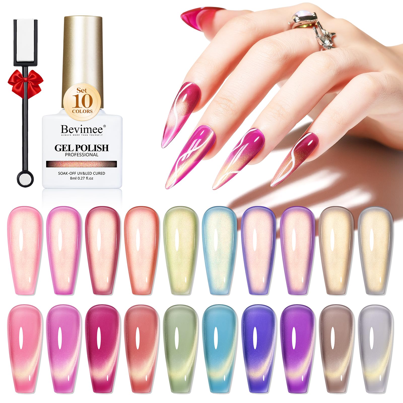 Bevimee vernis gel œil de chat avec 10 flacons pour une manucure maison variée.