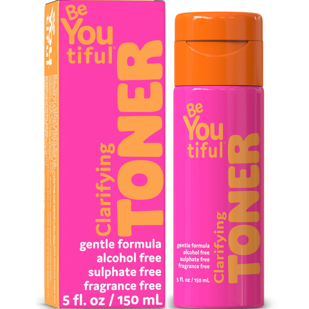 BeYoutiful Clarifying Toner bottle on vanity for balanced teen skin