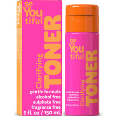 BeYoutiful Clarifying Toner bottle on vanity for balanced teen skin