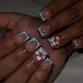 BHOOKA Flower Press-On Nails blue French tip closeup for a chic salon-ready look