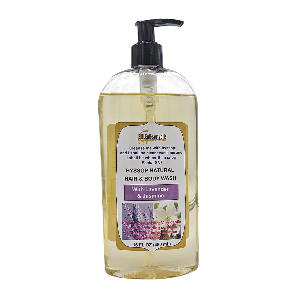 BIBLE N Beautyoils Hyssop bottle pour demonstrates gentle cleansing for skin and hair rituals.