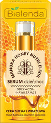 Bielenda Manuka Honey Nutri Elixir serum being applied for deep nourishment.