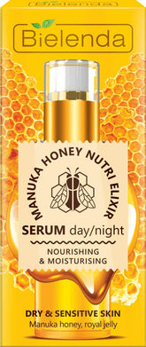 Bielenda Manuka Honey Nutri Elixir serum bottle delivering hydration and radiance.