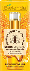 Bielenda Manuka Honey Nutri Elixir serum bottle delivering hydration and radiance.