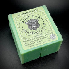 Big Crazy Buffalo Mountain Rain shampoo bar foam demonstrating lathering and cleansing action