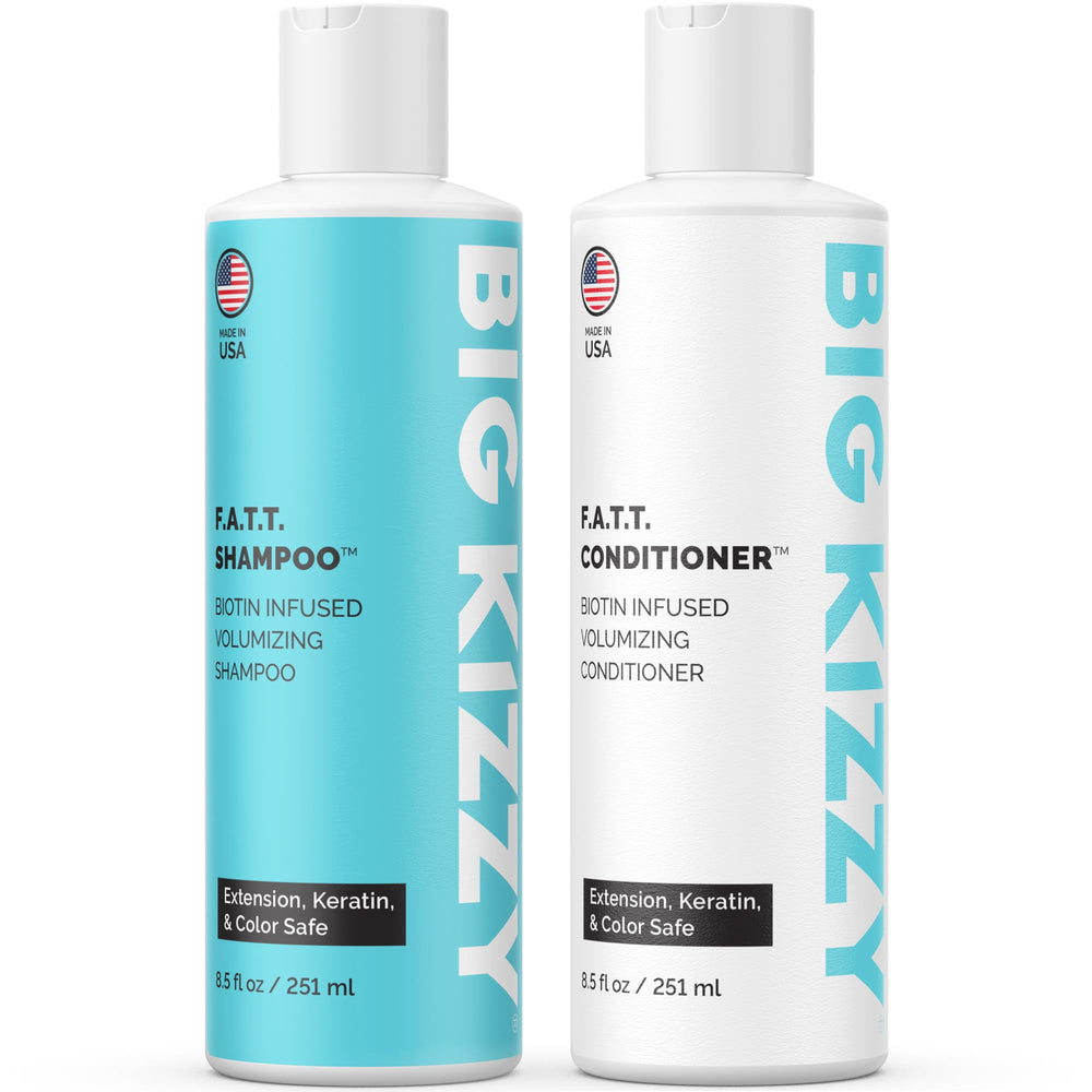 Big Kizzy F.A.T.T.T biotin shampoo bottle front showing fuller-looking hair