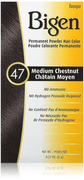 Bigen Permanent Powder Hair Color 47 Medium Chestnut bottle demonstrates even coverage.