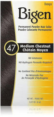 Bigen Permanent Powder Hair Color 47 Medium Chestnut bottle demonstrates even coverage.