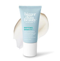 Bigger Than Beauty Defying Gravity eye lifting cream jar close-up for daily hydration and brightness.