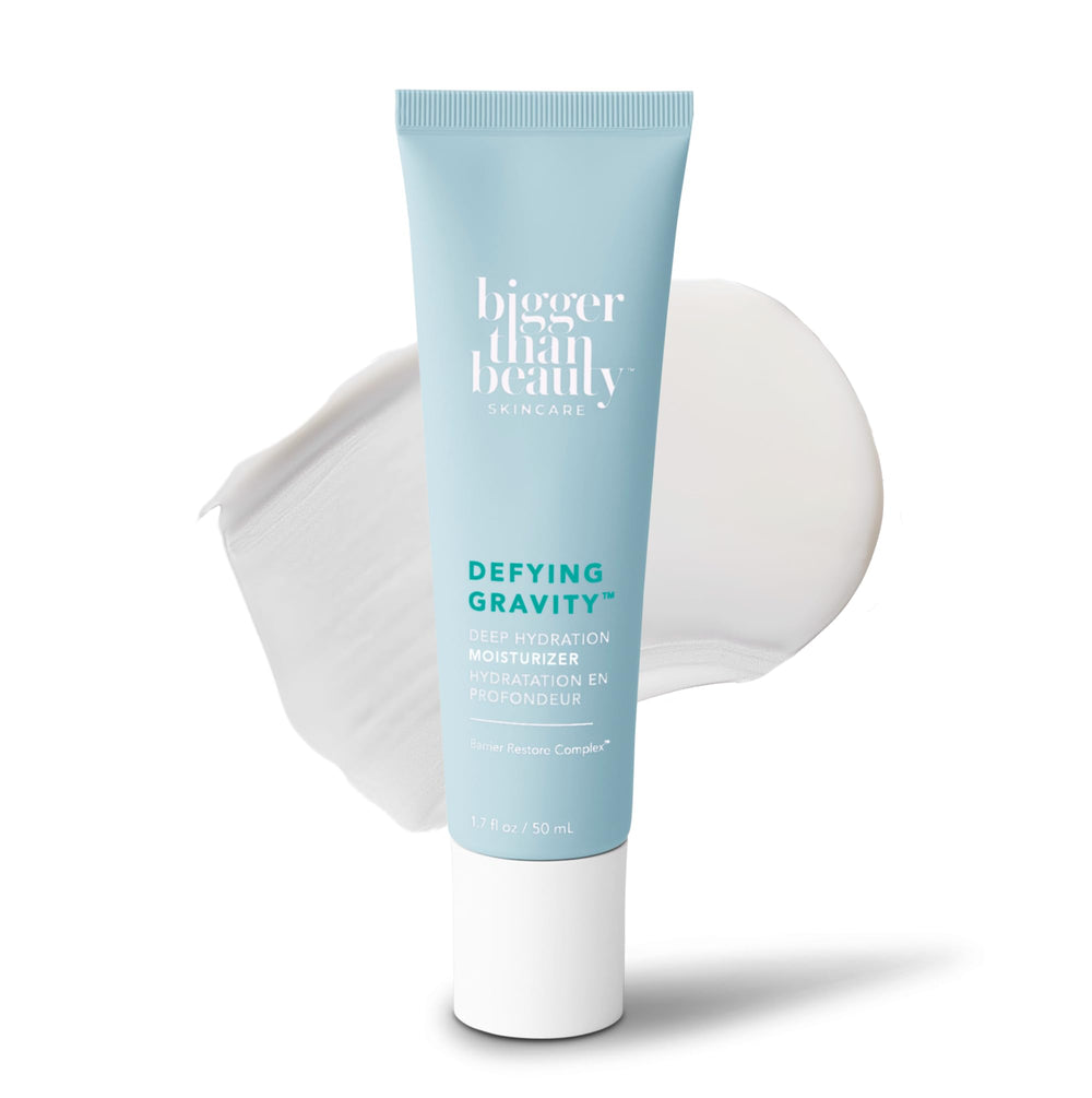 Bigger Than Beauty Defying Gravity gel cream moisturizer tube closeup for daily hydration