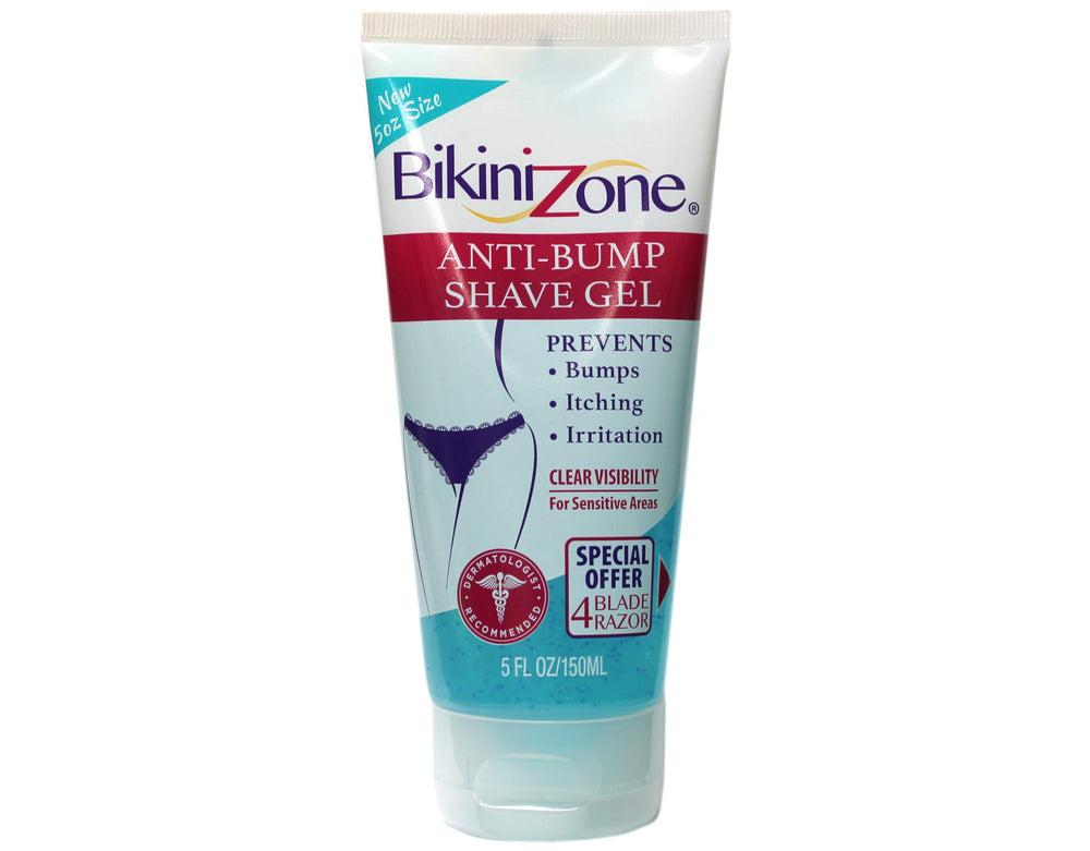 Bikini Zone shave gel bottle for smooth bikini-area shaving and bump prevention.