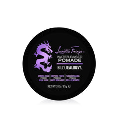 Billy Jealousy Lunatic Fringe pomade tin front showing strong hold and high shine.